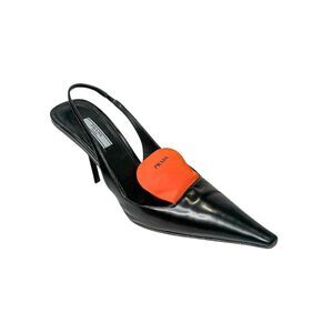 Prada Damen Pumps EU 40 Black Spazzolato Slingback Heel Orange Nylon Logo Tongue